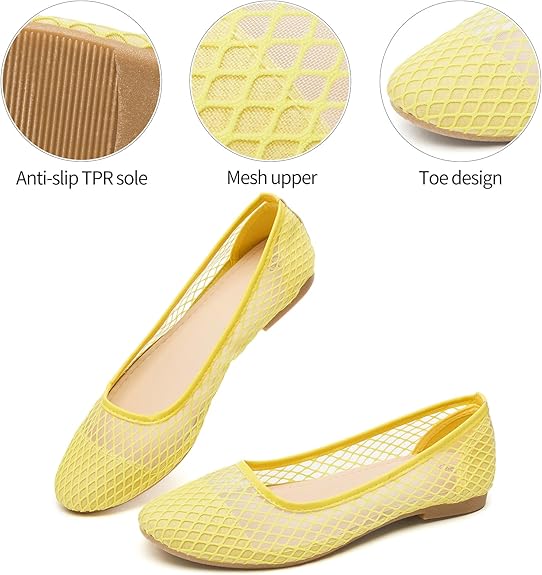 hash bubbie Women's Flats Shoes Ballet Flats Womens Knit Mesh Washable Dress Shoes Comfortable Slip on Loafers for Women Breathable Business Casual Shoes(Yellow.US8)